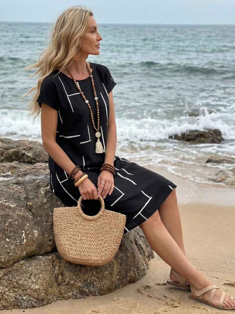 Adriana | Vestido ao Joelho de Manga Curta com Estampado Abstrato