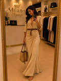 Abito maxi in lino con collo a revers e maniche lunghe