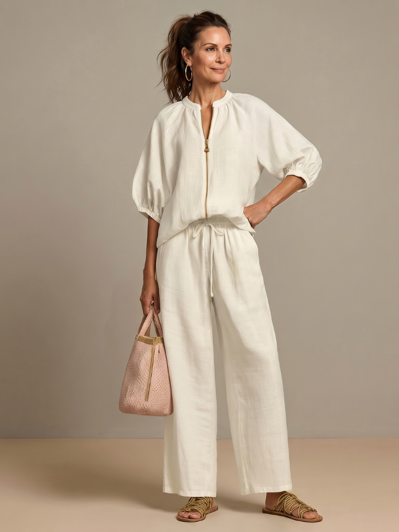 Natalia | Conjunto com Blusa de Fecho e Calças de Perna Larga
