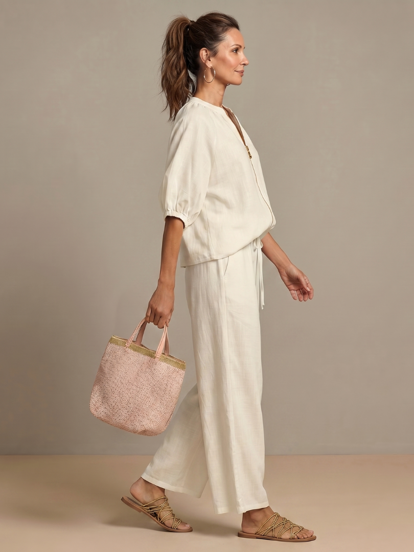 Natalia | Conjunto com Blusa de Fecho e Calças de Perna Larga