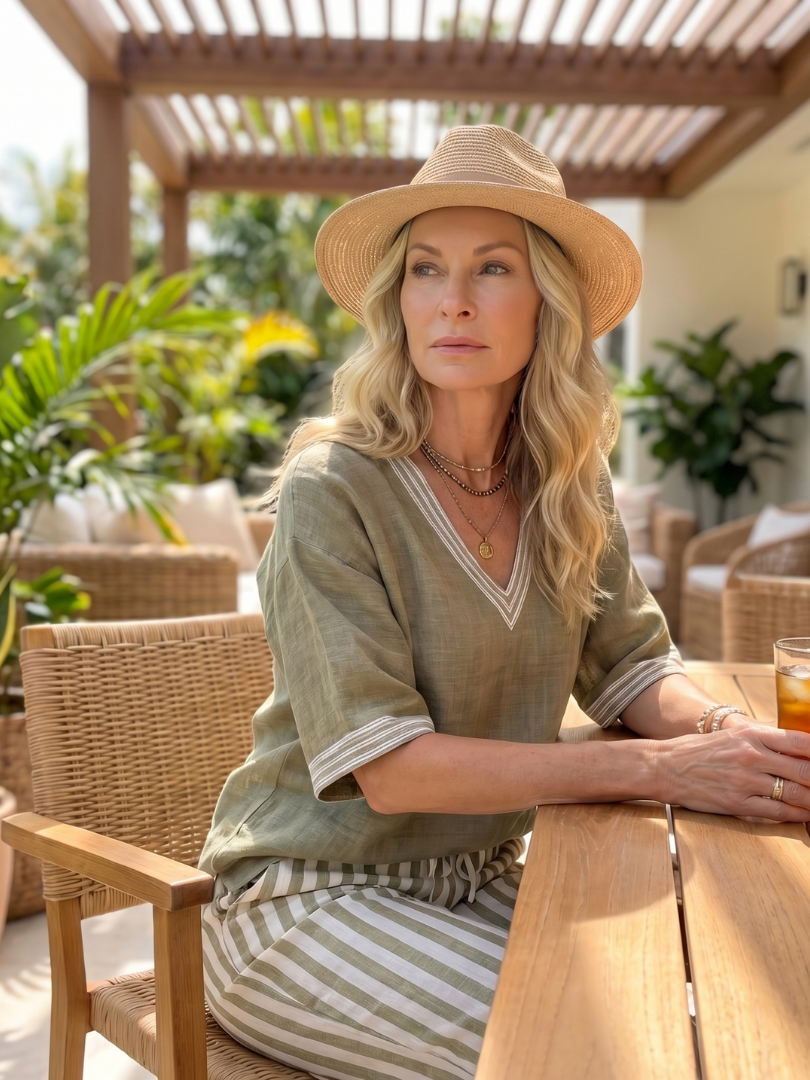 Paula | Conjunto Túnica com Decote em V a Contraste e Calças às Riscas