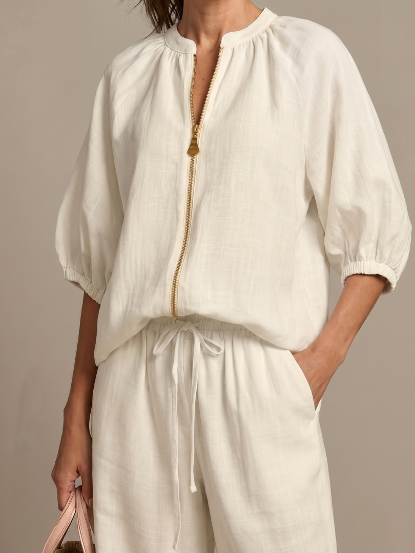 Natalia | Conjunto com Blusa de Fecho e Calças de Perna Larga