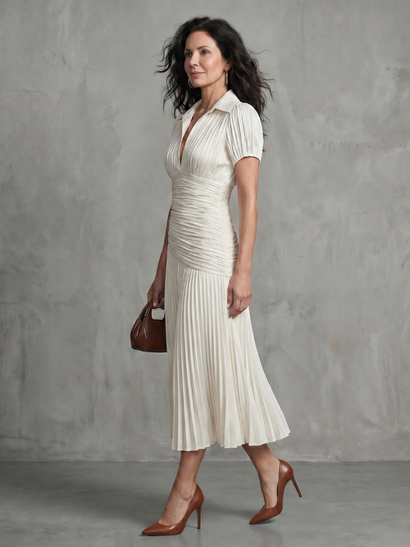 Theodora | Vestido Midi às Riscas com Cintura Plissada