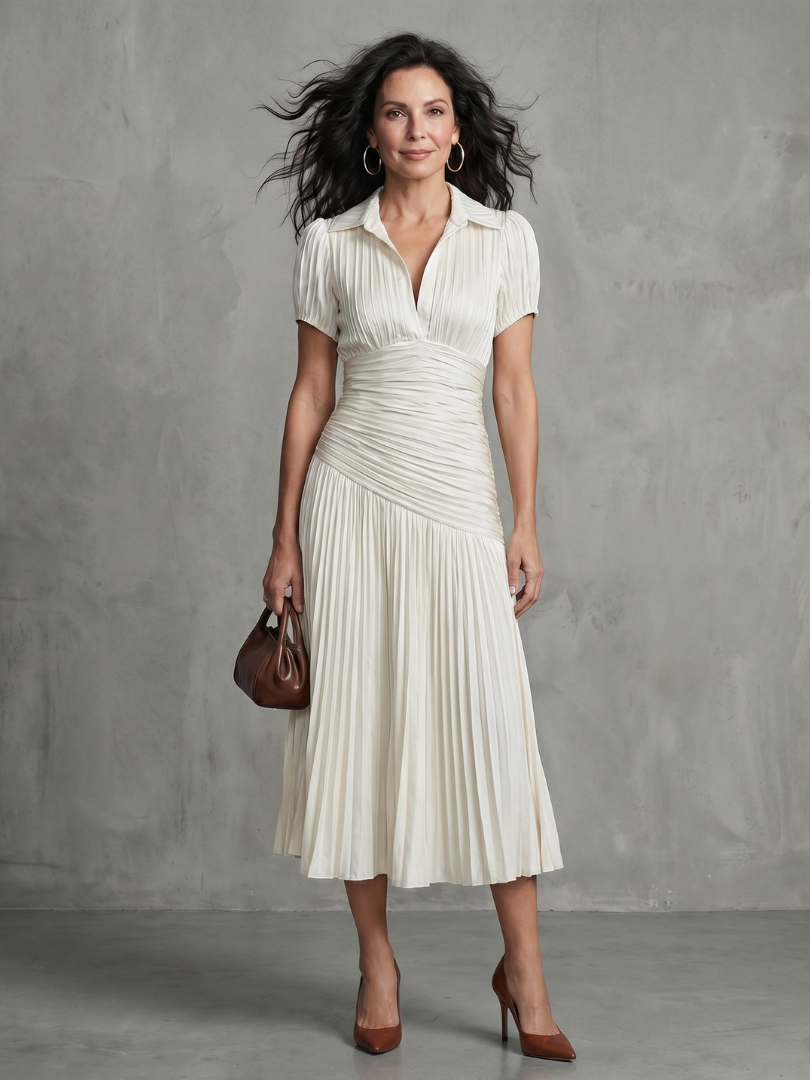 Theodora | Vestido Midi às Riscas com Cintura Plissada