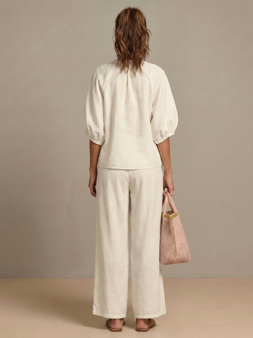 Natalia | Conjunto com Blusa de Fecho e Calças de Perna Larga