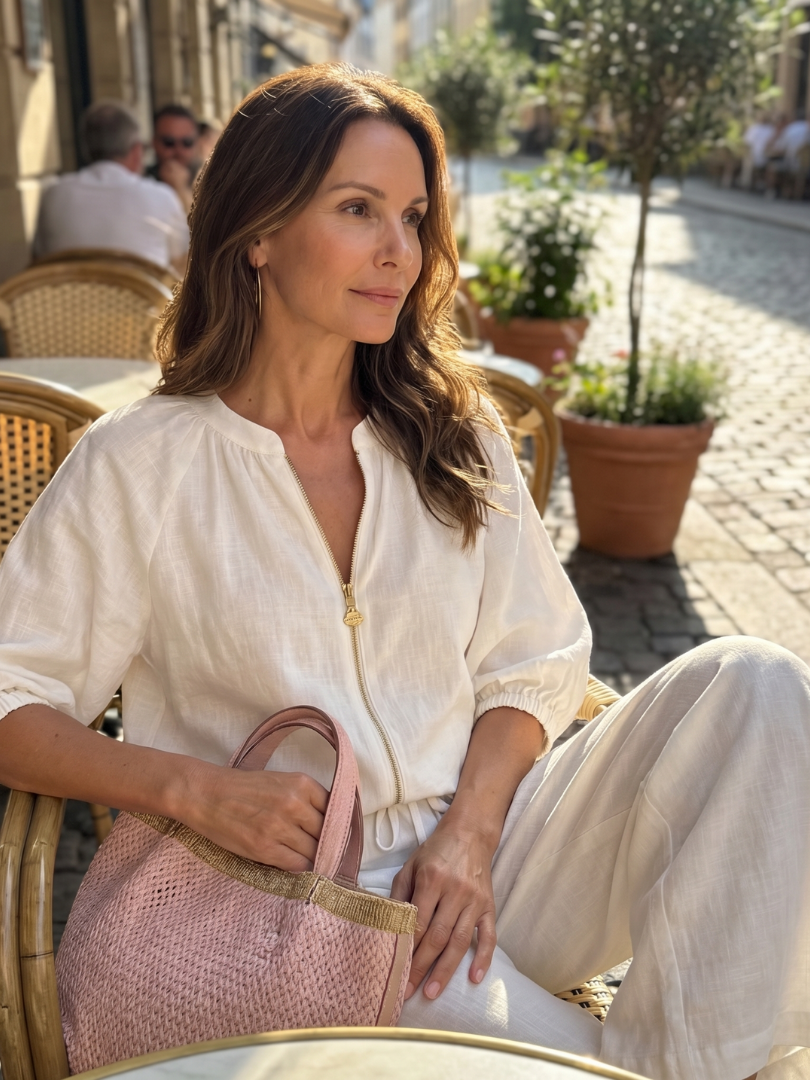 Natalia | Conjunto com Blusa de Fecho e Calças de Perna Larga