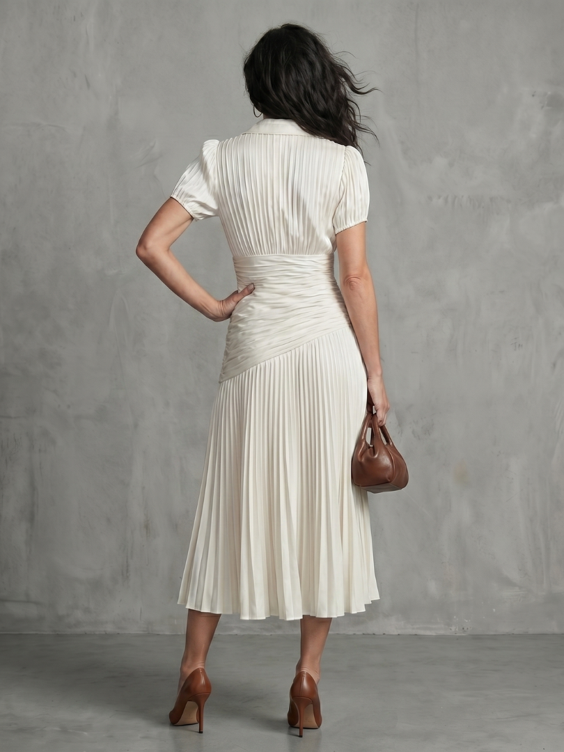 Theodora | Vestido Midi às Riscas com Cintura Plissada