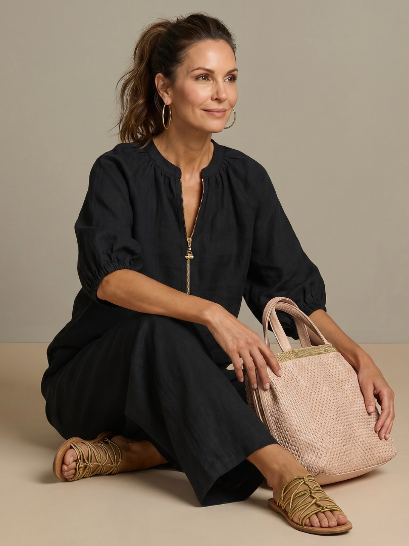 Natalia | Conjunto com Blusa de Fecho e Calças de Perna Larga