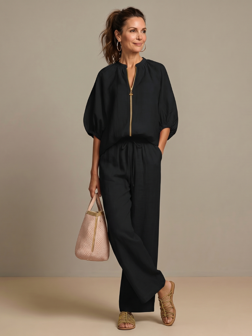Natalia | Conjunto com Blusa de Fecho e Calças de Perna Larga