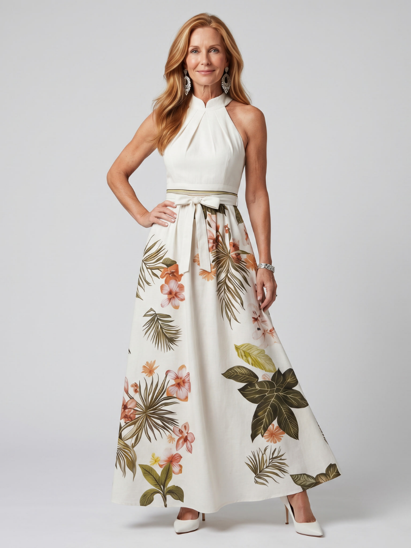 Sandra | Vestido Maxi Halter com Painéis Botânicos