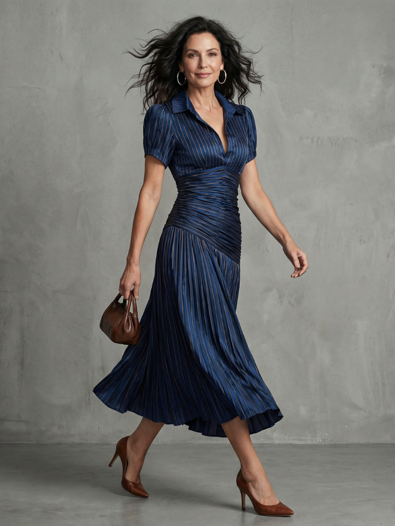 Theodora | Vestido Midi às Riscas com Cintura Plissada
