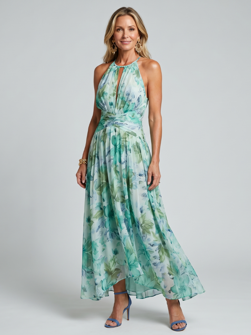 Portia | Vestido Midi Plissado Halter com Estampado Floral Suave
