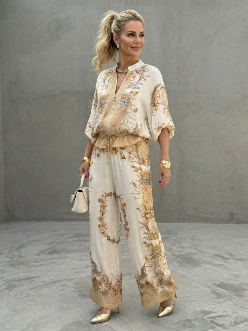 Gema | Conjunto Dois Peças com Blusa de Fecho e Calças Estampadas