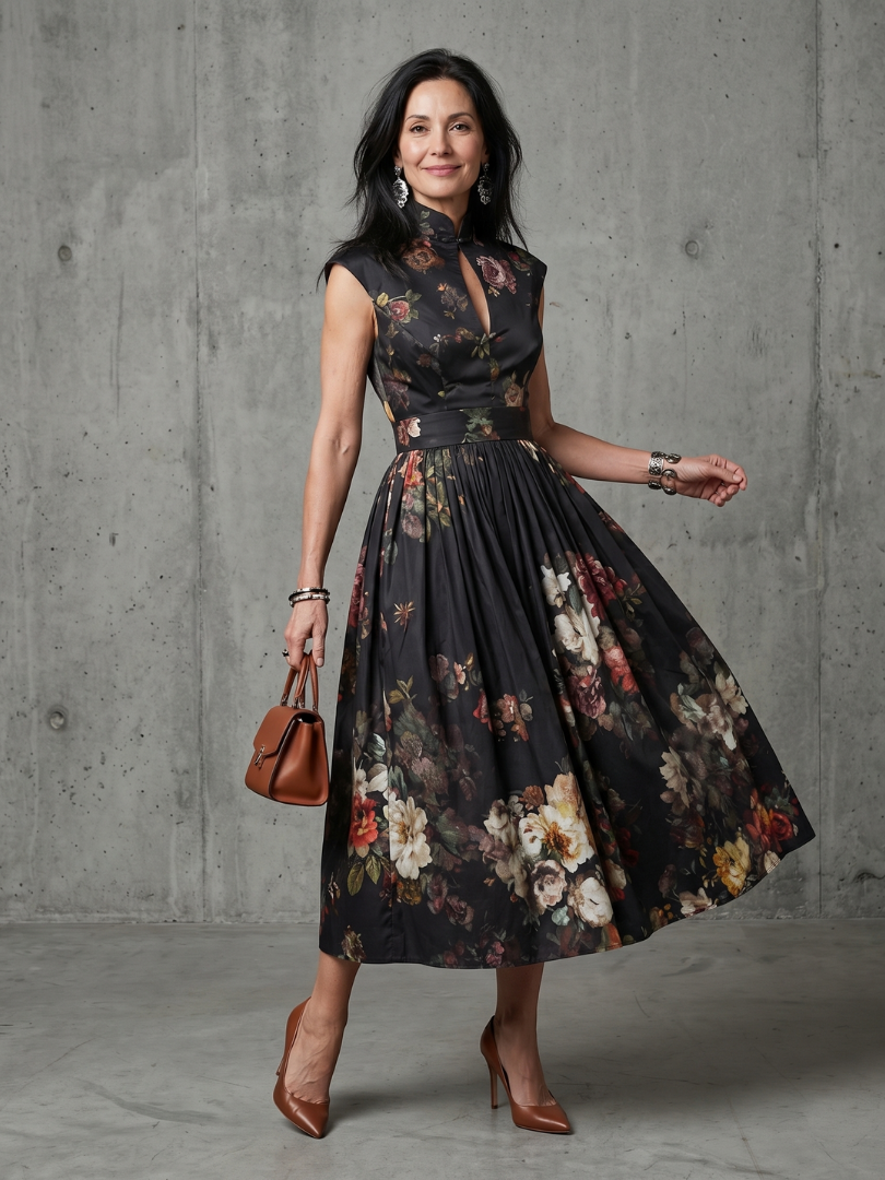 Greta | Vestido Midi Floral Plissado com Decote Alto e Abertura em Gota