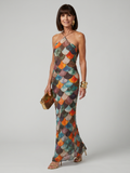 Larkin | Vestido Maxi Justo com Padrão Geométrico Multicolor