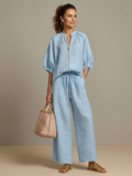 Natalia | Conjunto com Blusa de Fecho e Calças de Perna Larga