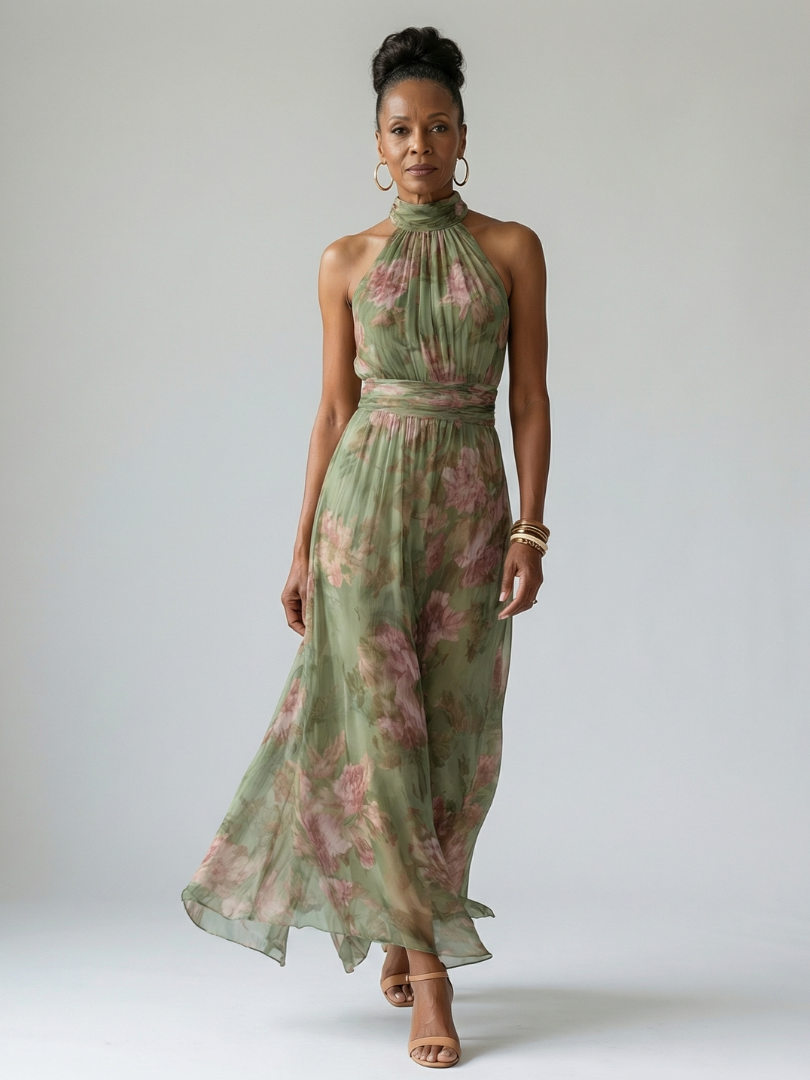 Mirella | Vestido Midi Halter com Corpete Franzido