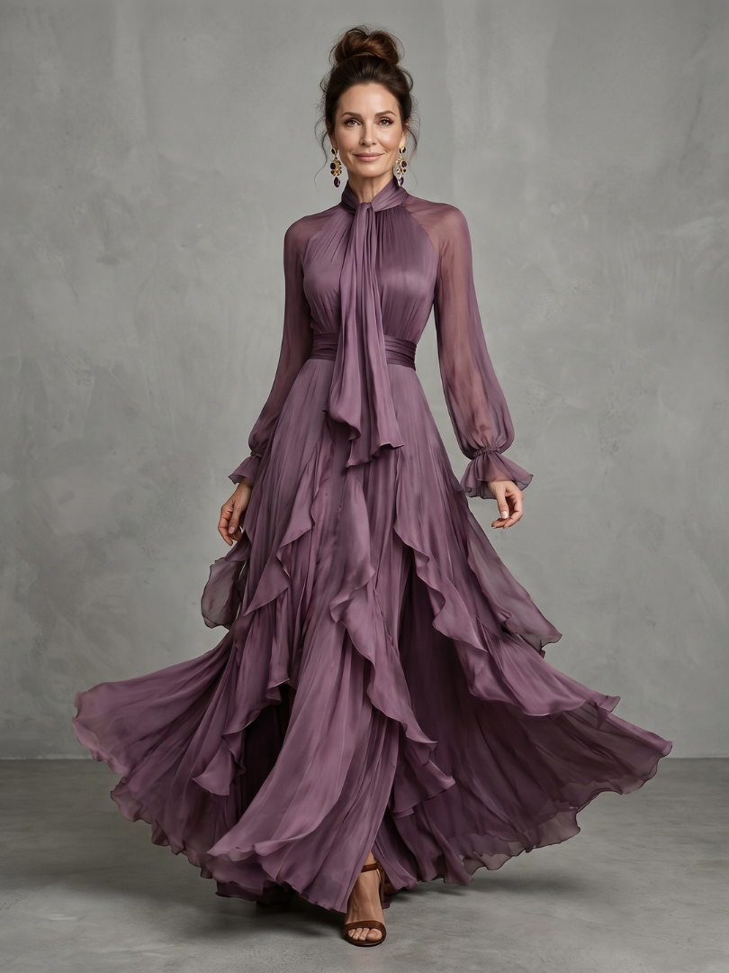 Demetria | Vestido Maxi com Laço no Decote e Saia em Camadas