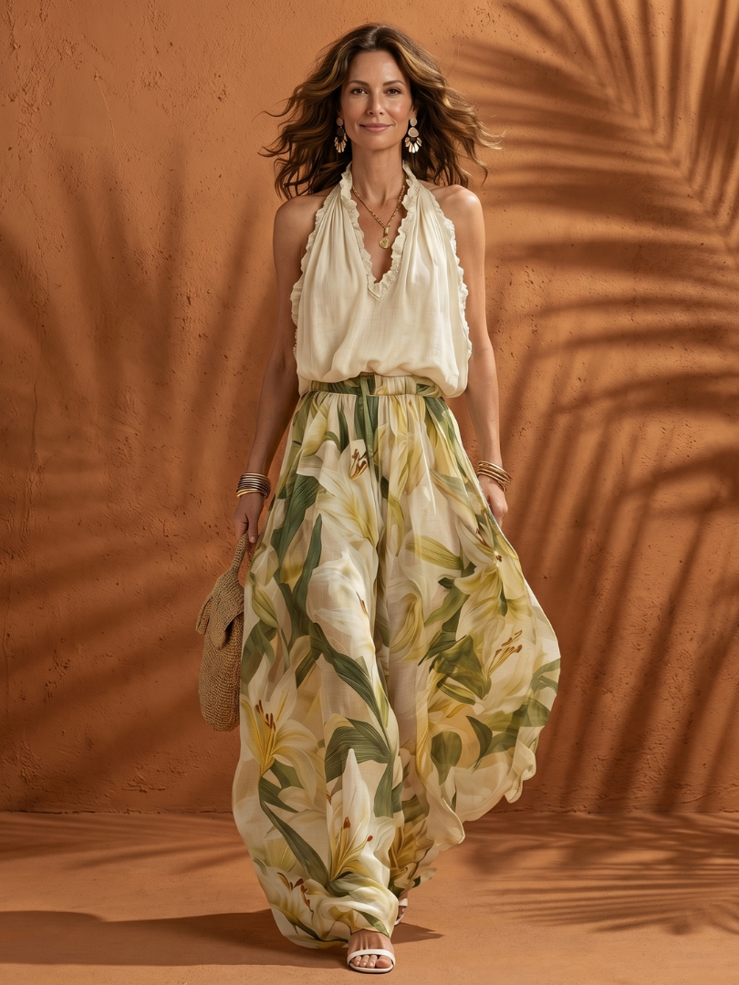 Solange | Conjunto Blusa Halter e Calças de Perna Larga Florais
