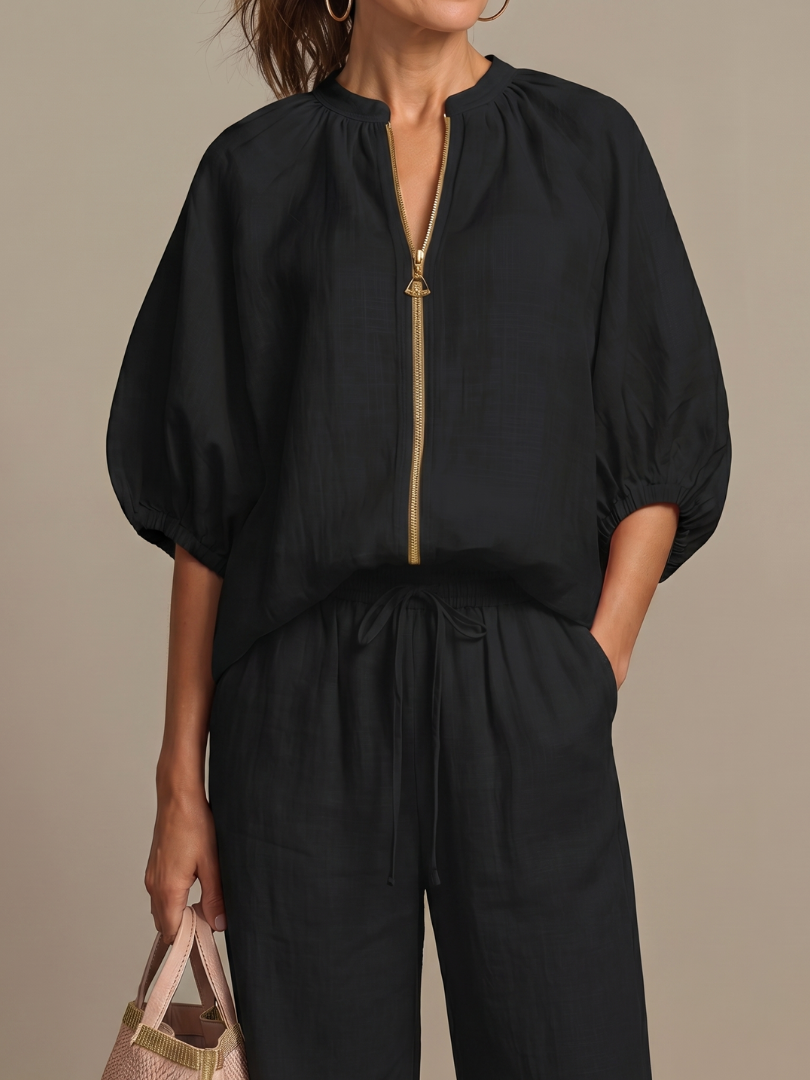 Natalia | Conjunto com Blusa de Fecho e Calças de Perna Larga