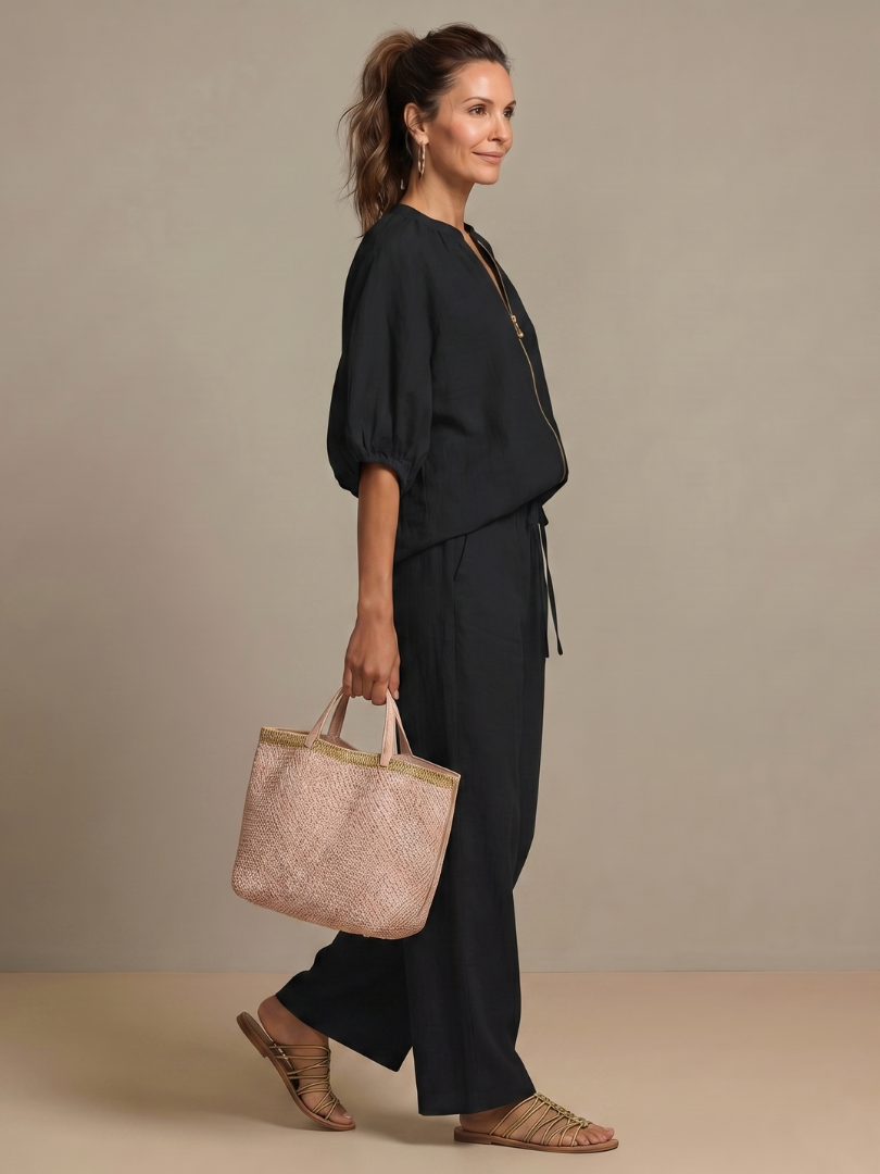Natalia | Conjunto com Blusa de Fecho e Calças de Perna Larga