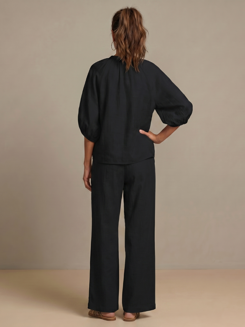 Natalia | Conjunto com Blusa de Fecho e Calças de Perna Larga