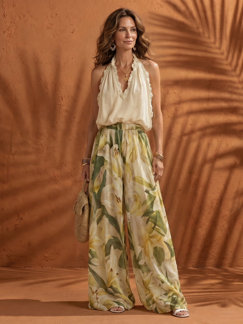 Solange | Conjunto Blusa Halter e Calças de Perna Larga Florais