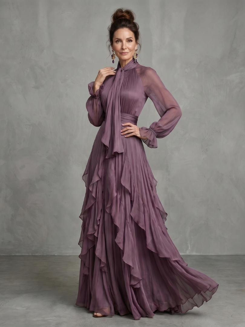 Demetria | Vestido Maxi com Laço no Decote e Saia em Camadas