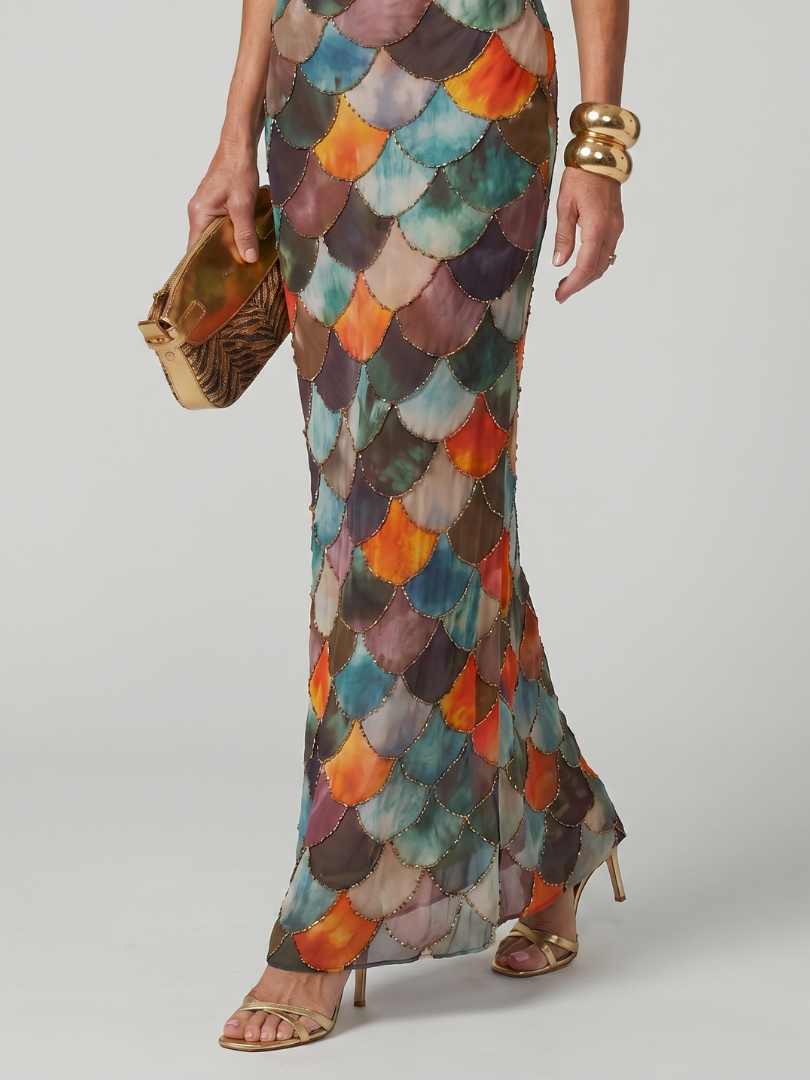 Larkin | Vestido Maxi Justo com Padrão Geométrico Multicolor