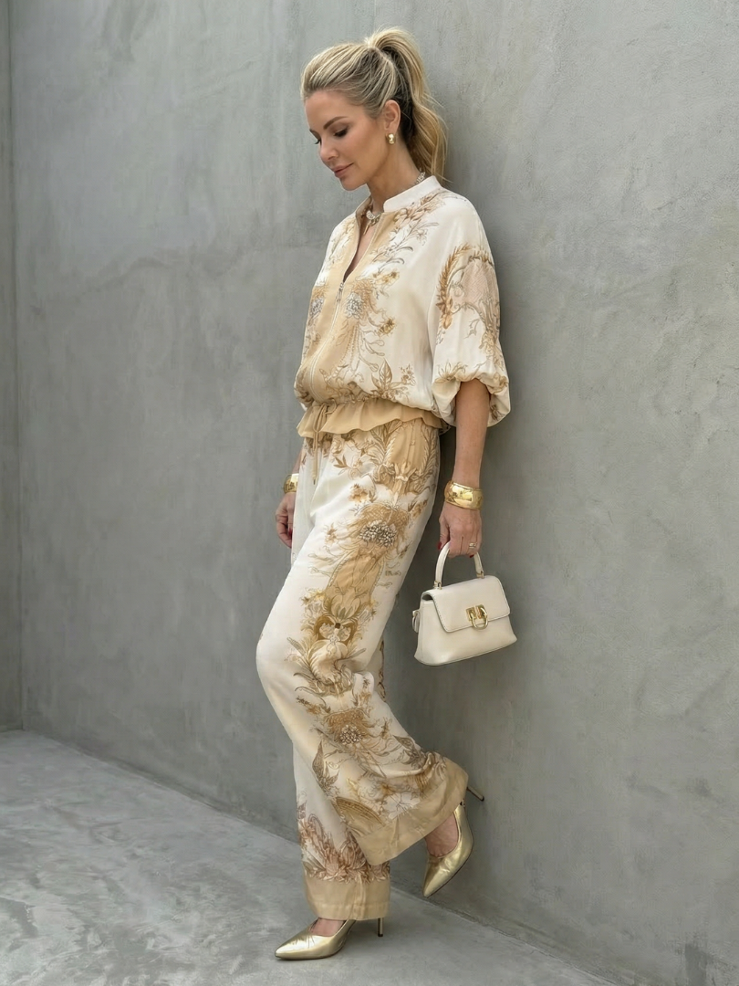 Gema | Conjunto Dois Peças com Blusa de Fecho e Calças Estampadas