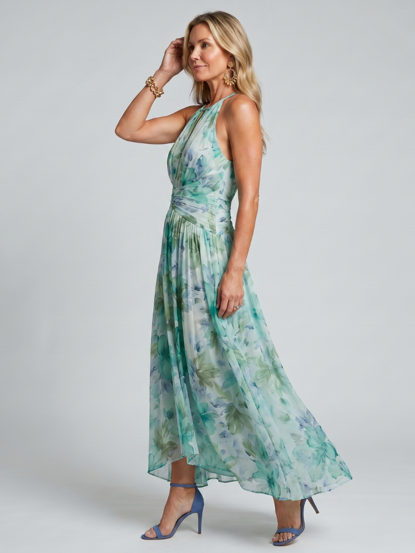 Portia | Vestido Midi Plissado Halter com Estampado Floral Suave