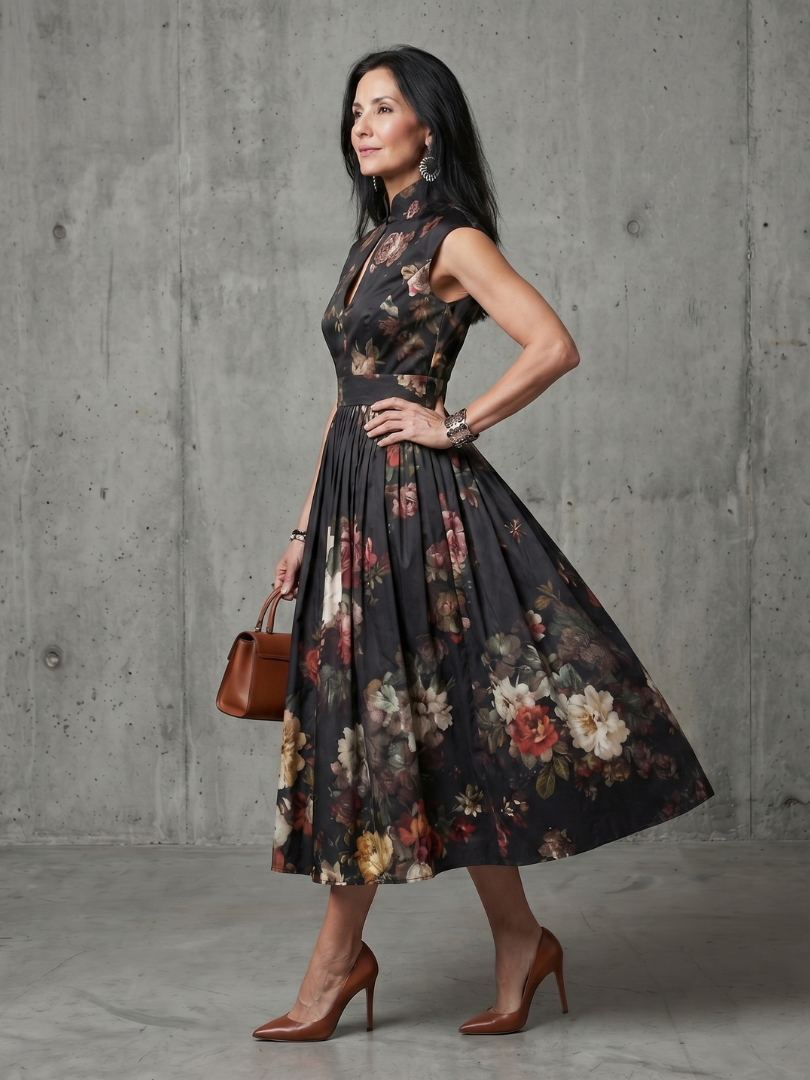 Greta | Vestido Midi Floral Plissado com Decote Alto e Abertura em Gota