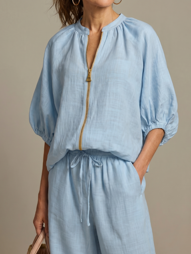 Natalia | Conjunto com Blusa de Fecho e Calças de Perna Larga