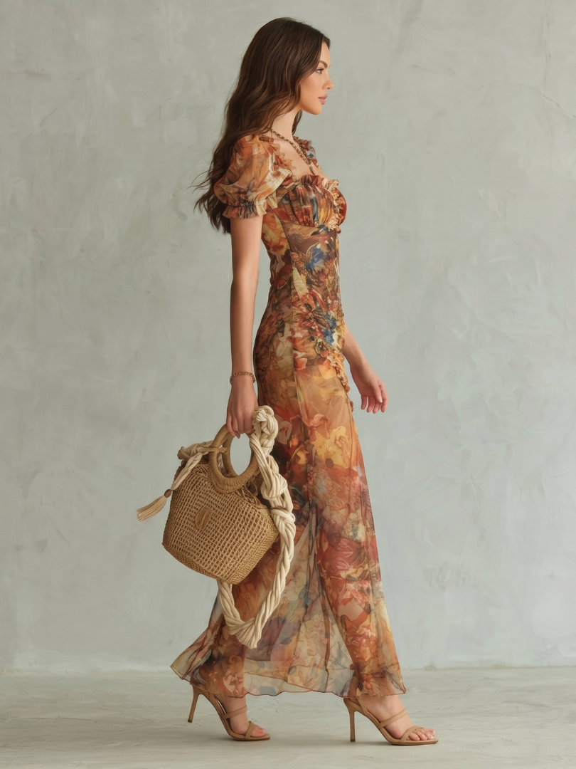 Celia | Vestido Midi com Mangas a Folhos, Franzidos e Racha