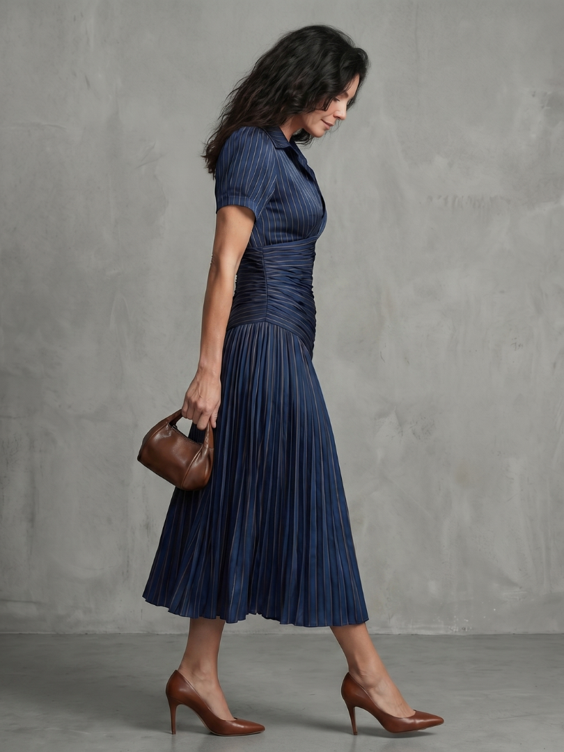 Theodora | Vestido Midi às Riscas com Cintura Plissada