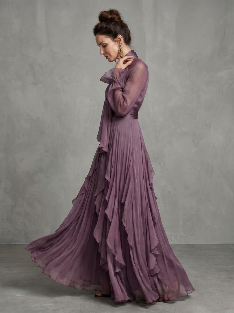 Demetria | Vestido Maxi com Laço no Decote e Saia em Camadas