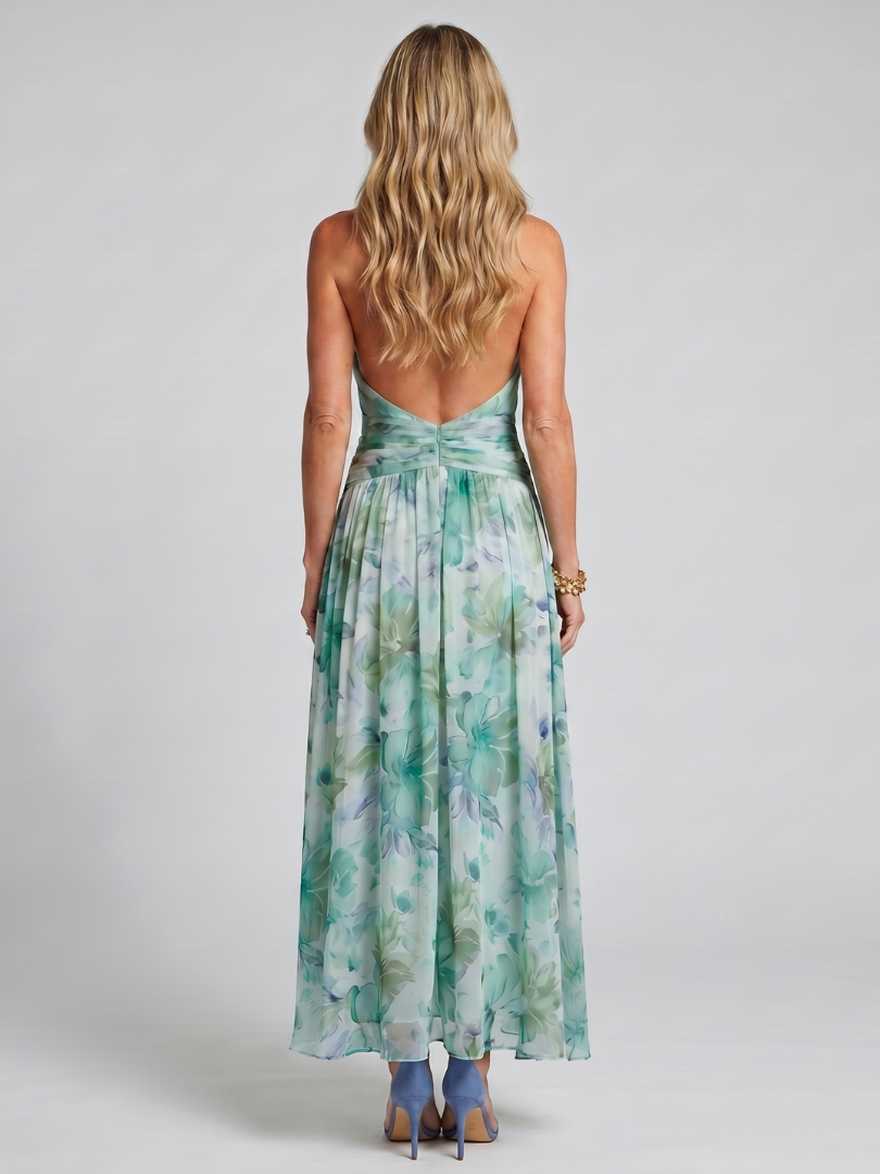 Portia | Vestido Midi Plissado Halter com Estampado Floral Suave