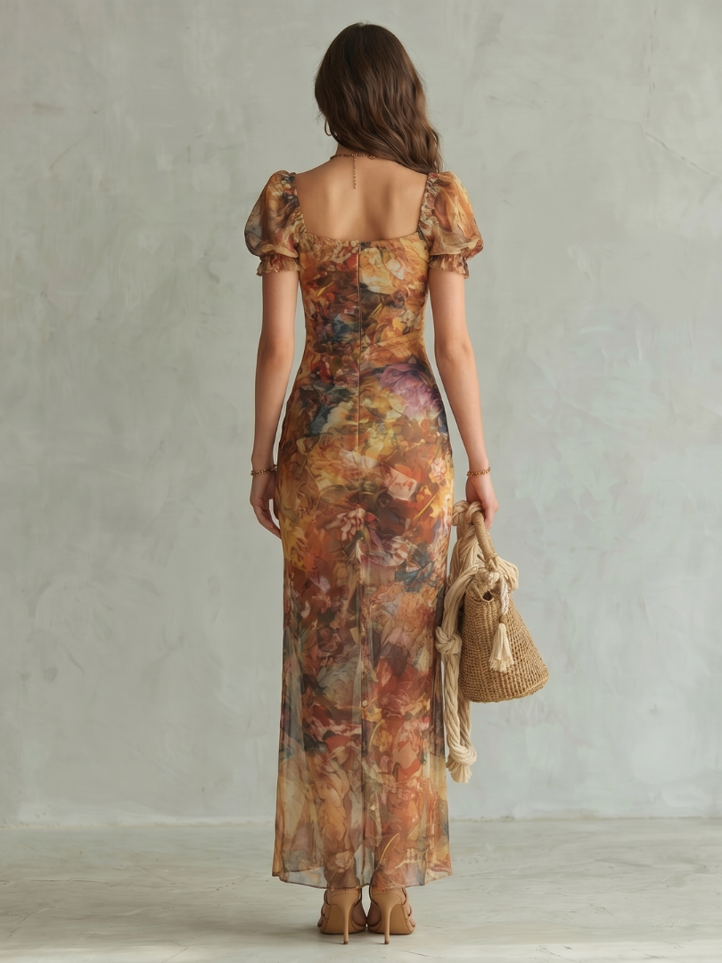 Celia | Vestido Midi com Mangas a Folhos, Franzidos e Racha