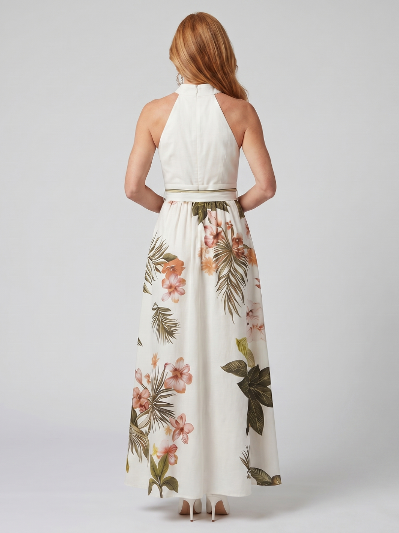 Sandra | Vestido Maxi Halter com Painéis Botânicos