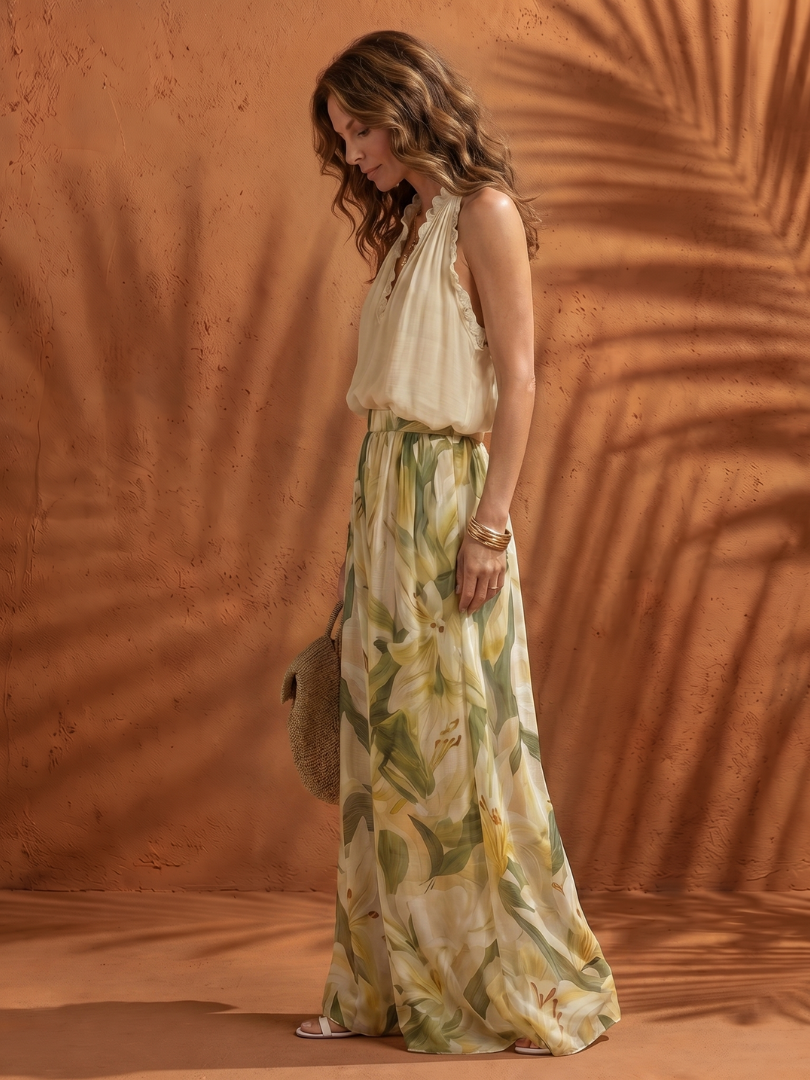 Solange | Conjunto Blusa Halter e Calças de Perna Larga Florais