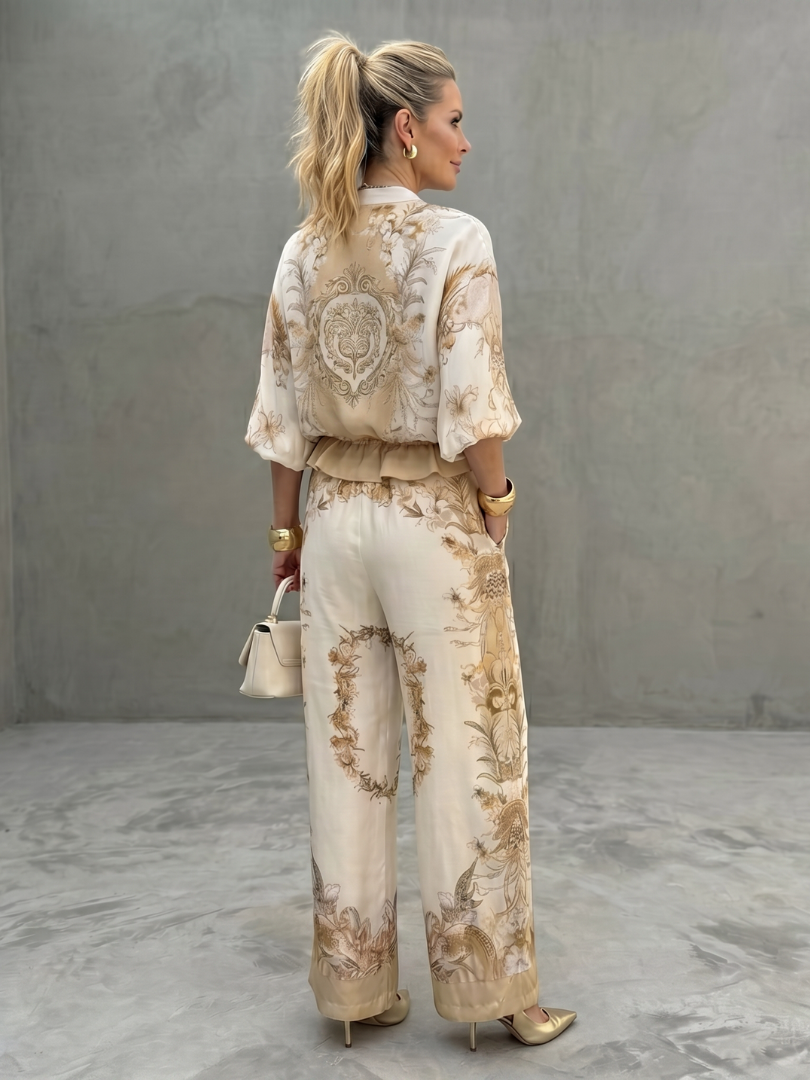 Gema | Conjunto Dois Peças com Blusa de Fecho e Calças Estampadas