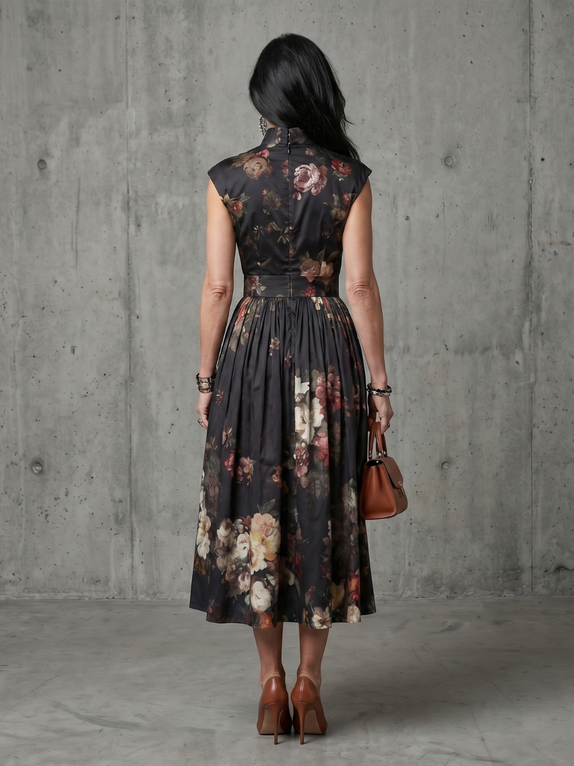 Greta | Vestido Midi Floral Plissado com Decote Alto e Abertura em Gota