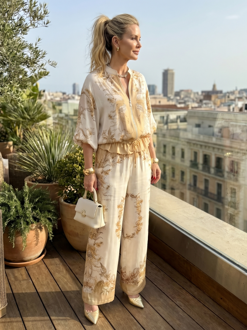 Gema | Conjunto Dois Peças com Blusa de Fecho e Calças Estampadas