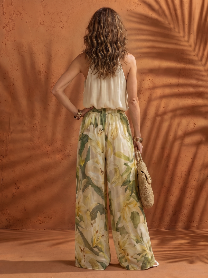 Solange | Conjunto Blusa Halter e Calças de Perna Larga Florais