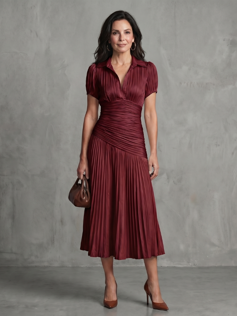 Theodora | Vestido Midi às Riscas com Cintura Plissada