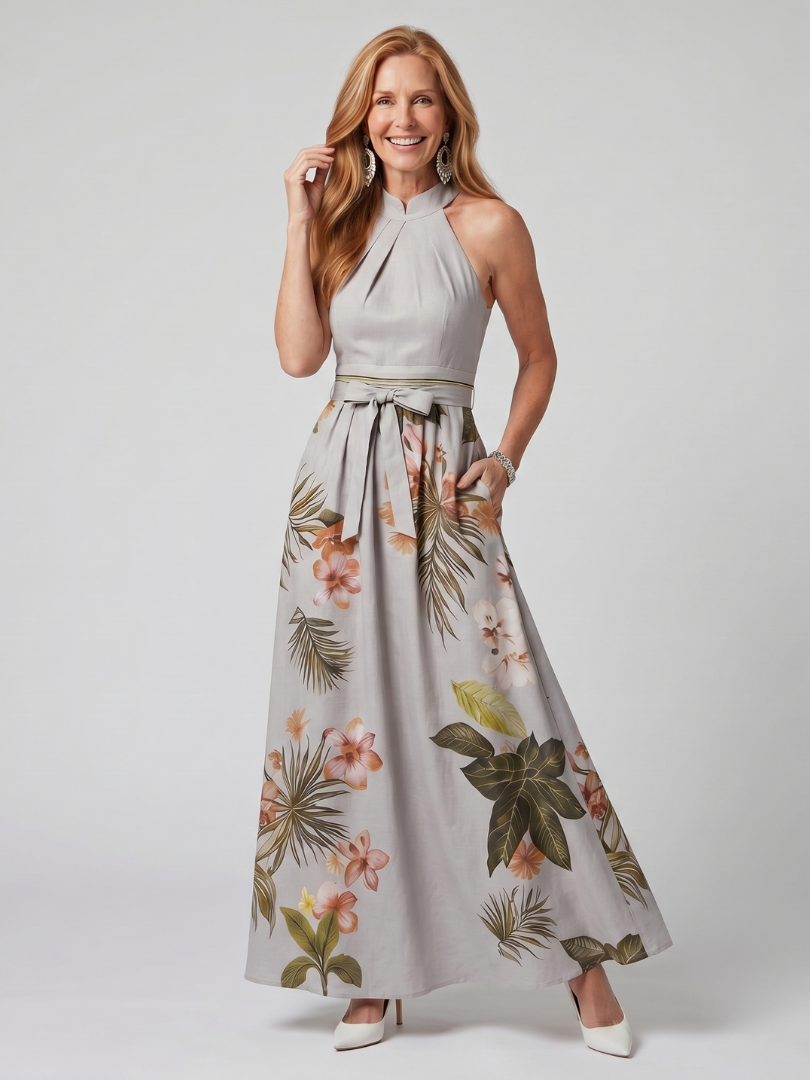 Sandra | Vestido Maxi Halter com Painéis Botânicos