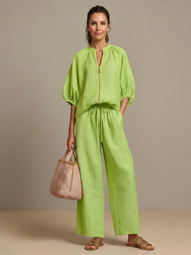 Natalia | Conjunto com Blusa de Fecho e Calças de Perna Larga