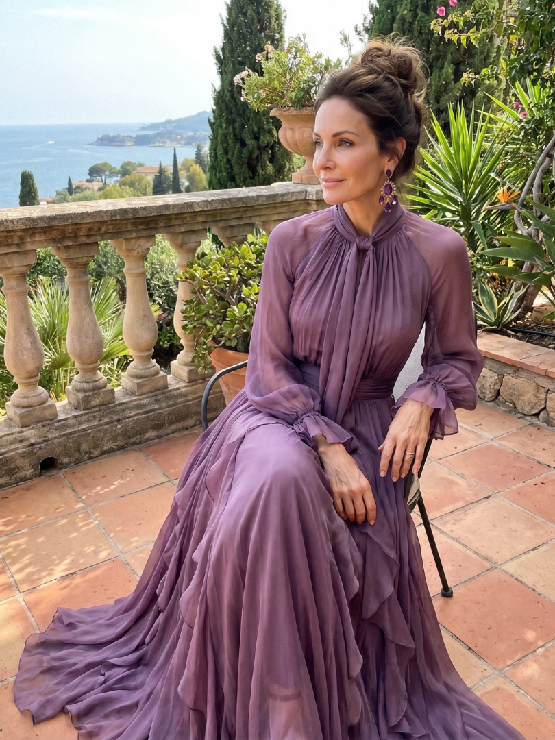 Demetria | Vestido Maxi com Laço no Decote e Saia em Camadas