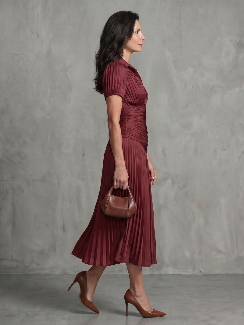 Theodora | Vestido Midi às Riscas com Cintura Plissada