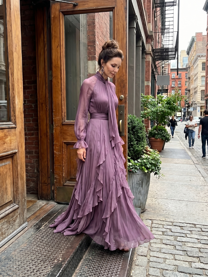 Demetria | Vestido Maxi com Laço no Decote e Saia em Camadas